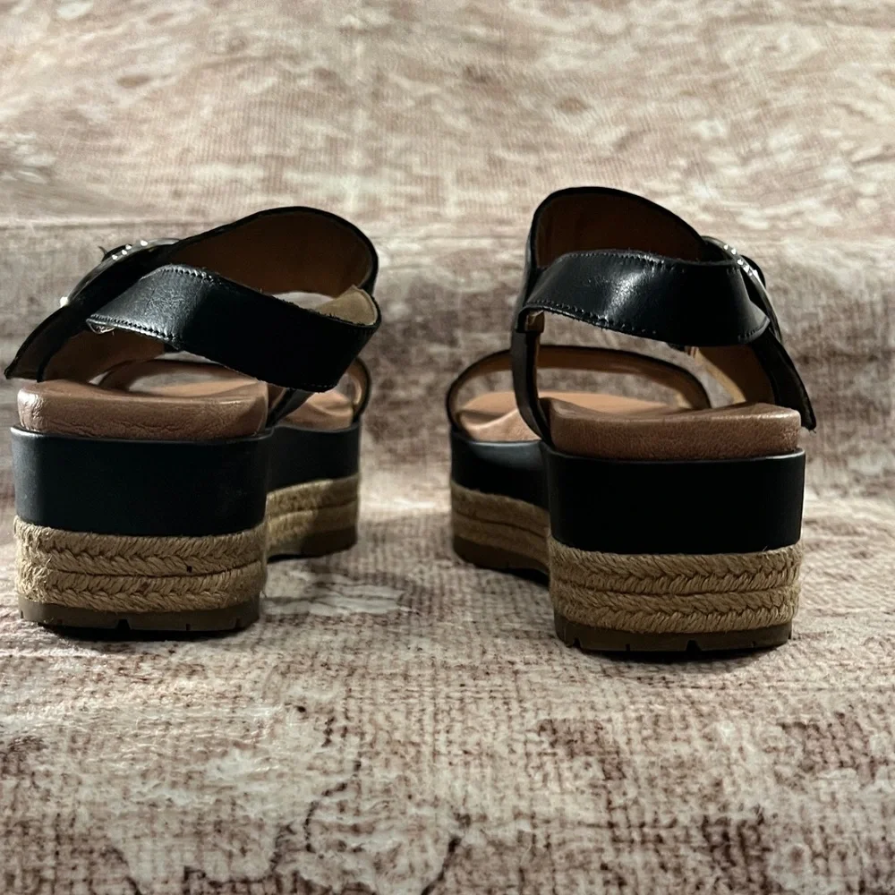 UGG Black Leather Espadrille Platform Sandals with Buckle - Picture 8 of 12